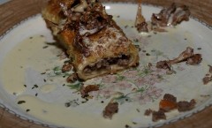 crêpes with meat in creamy chanterelle sauce